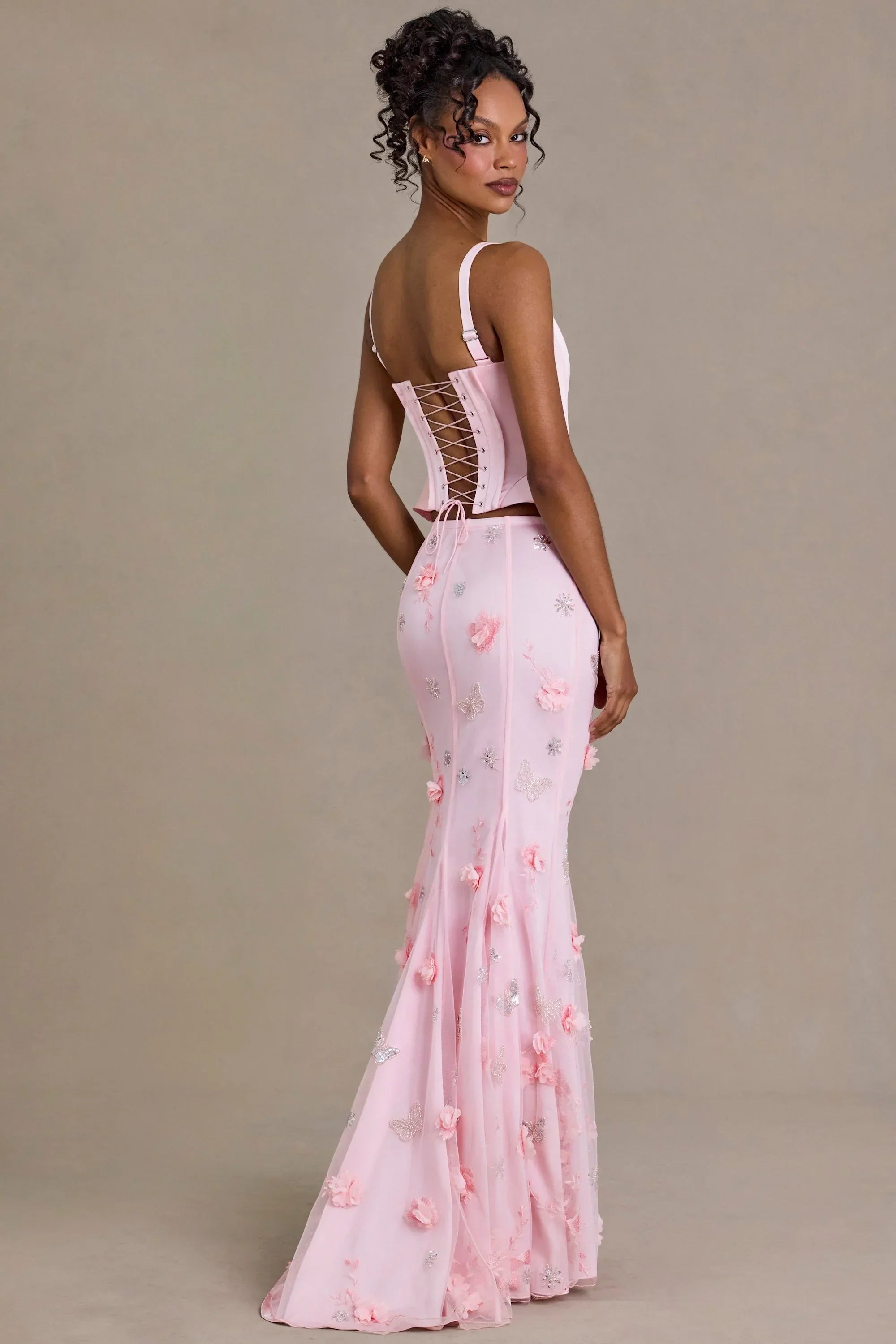 Satin Lace Up Corset Top in Baby Pink