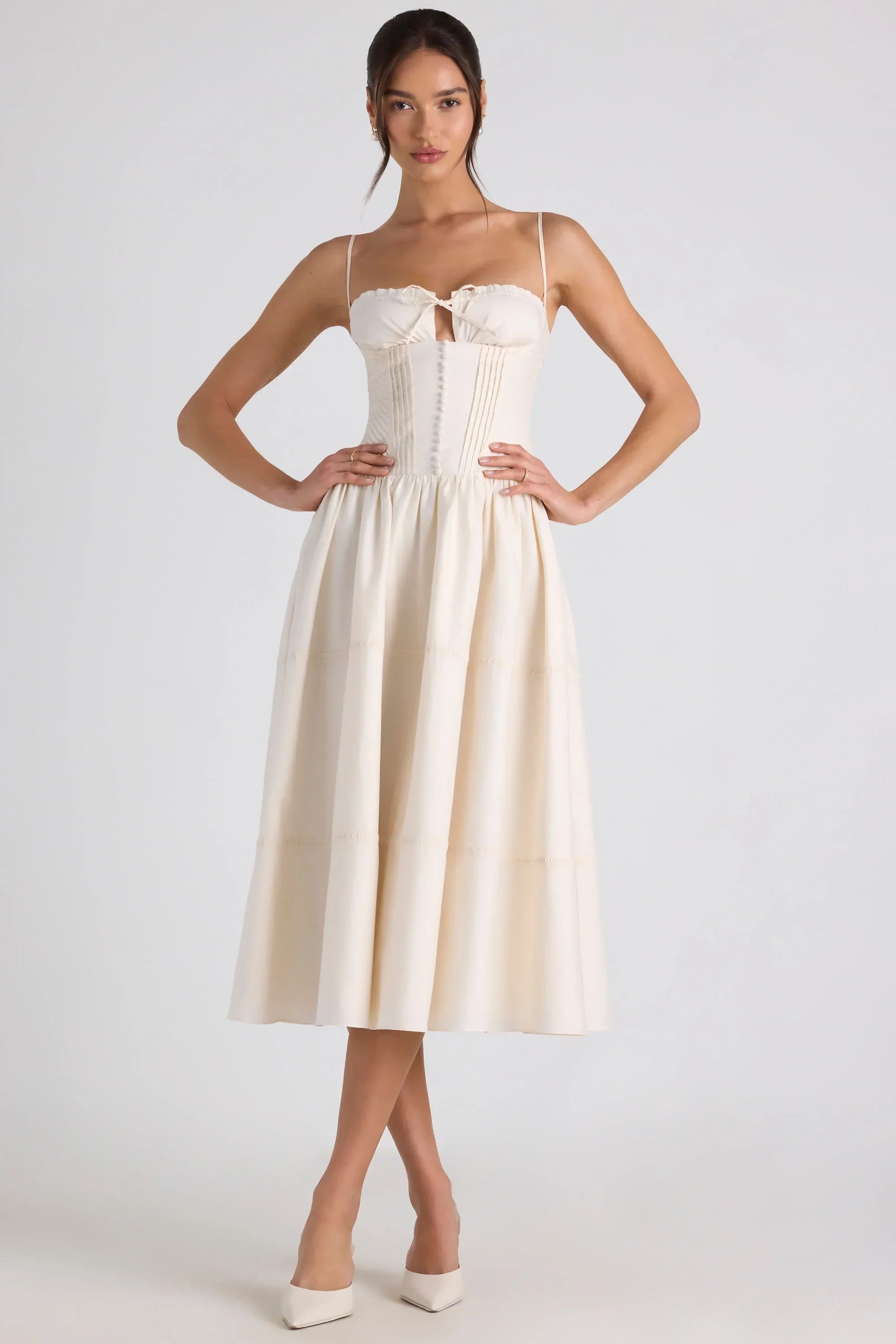 Lace Trim Pintucked Poplin Midaxi Dress in Ivory