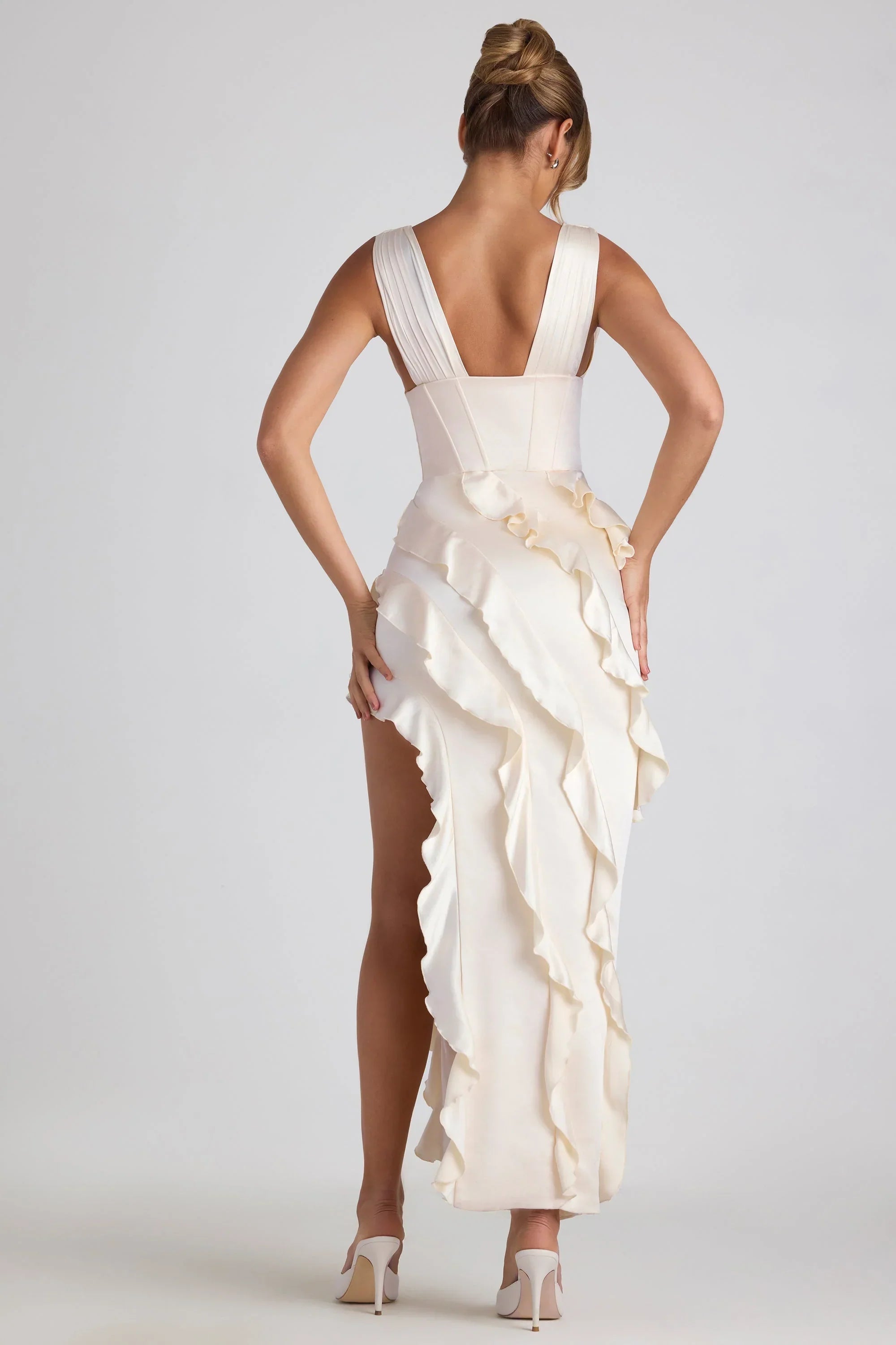 Ruffle Trim Corset Maxi Dress in Ivory
