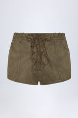 Lace Up Mid Rise Shorts in Dark Khaki