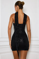 Embellished Scarf Detail Mini Dress in Black