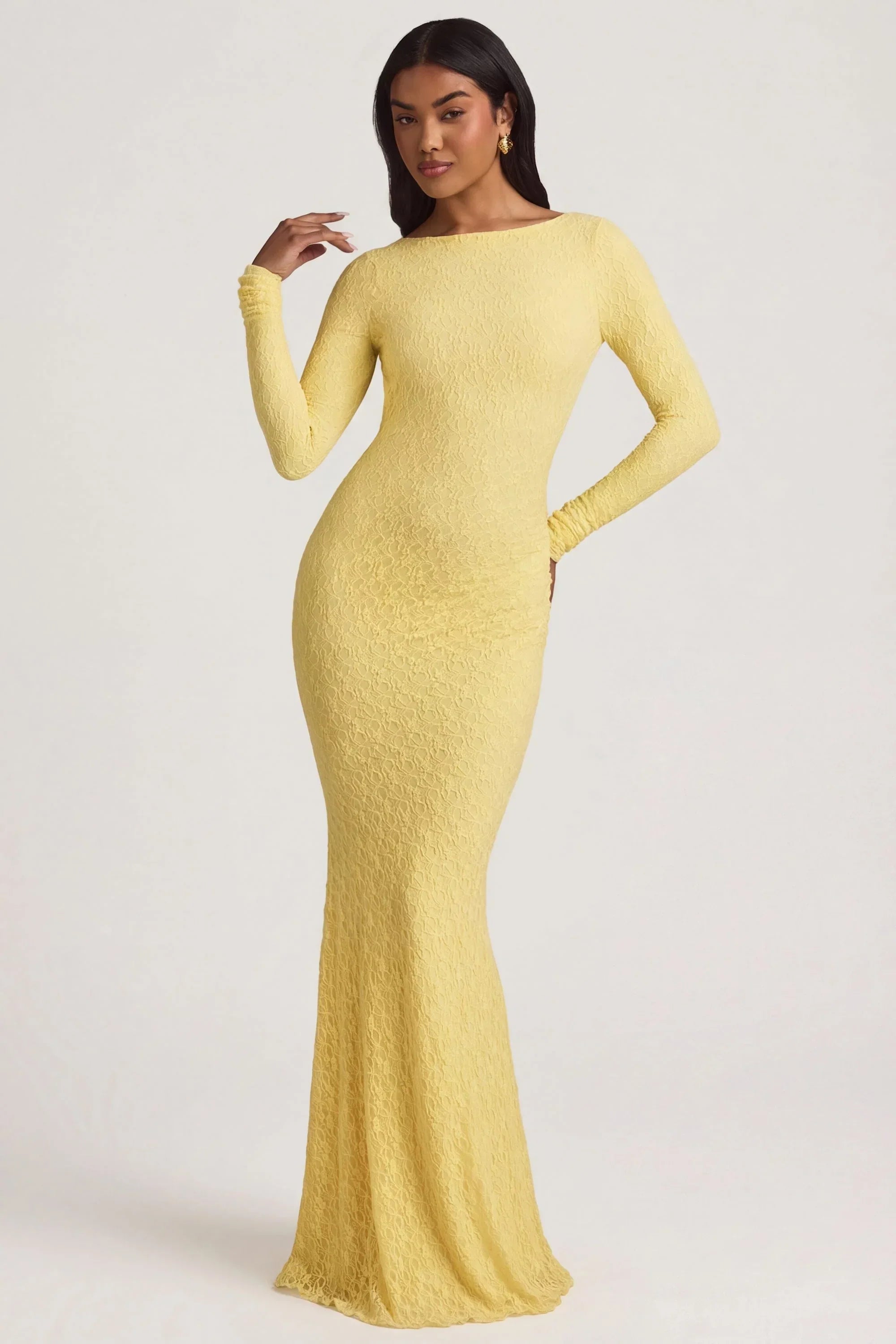 Ruched Backless Lace Maxi Dress in Pastel Yellow