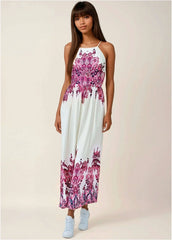 Printed Linen Maxi Dress Pink Boho Paisley Border