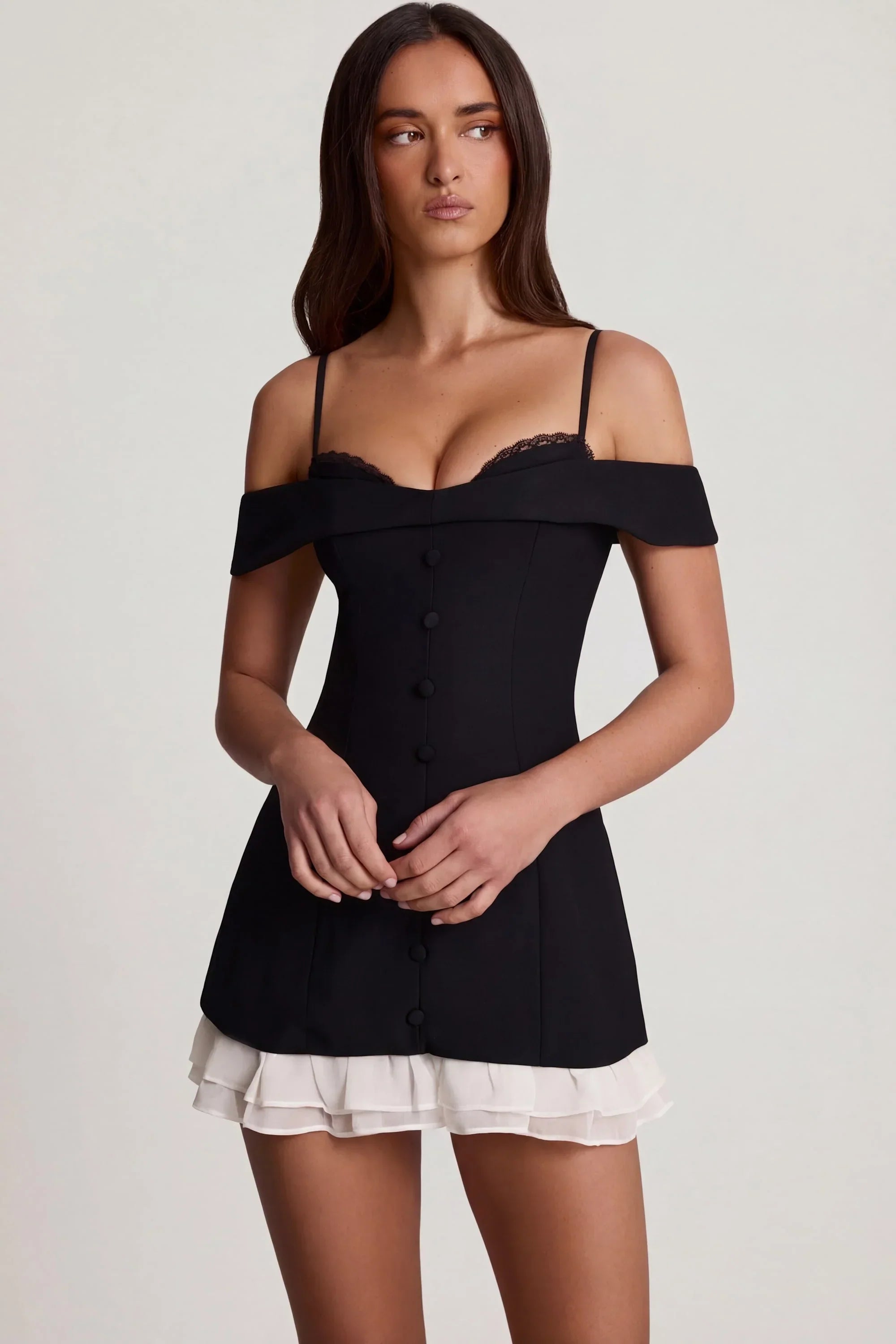 Off Shoulder Ruffle A Line Mini Dress in Black