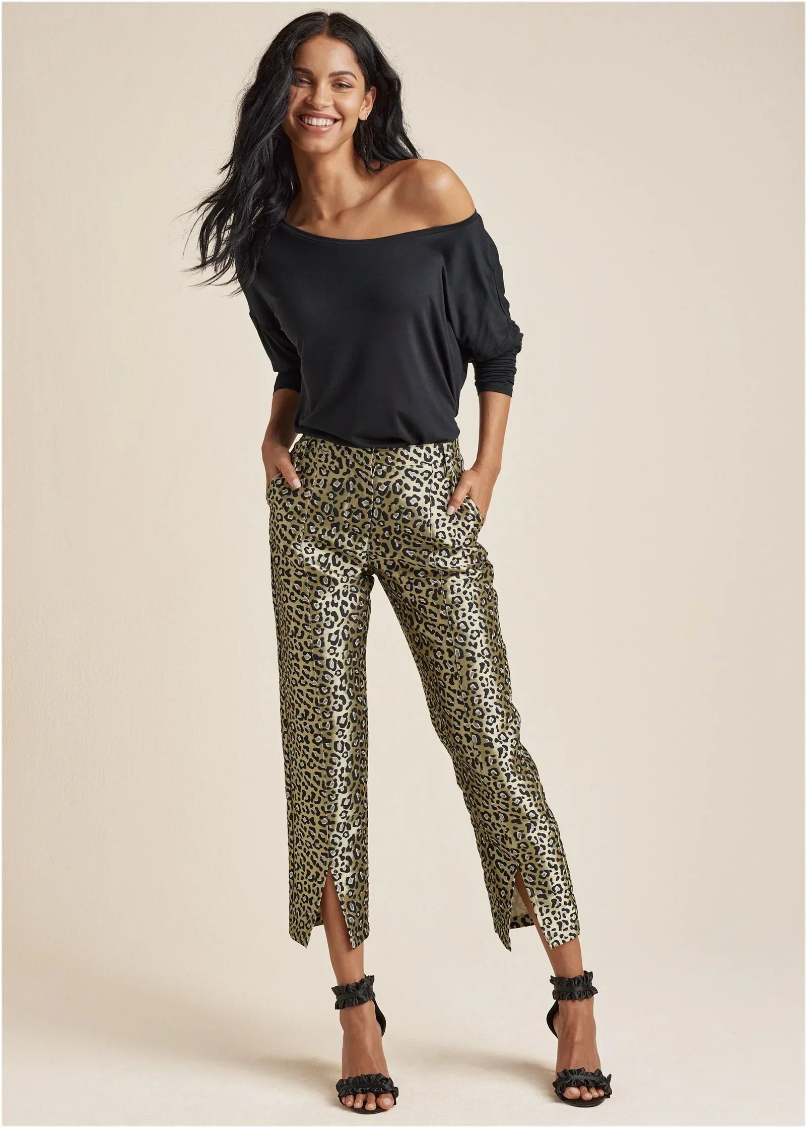Jacquard Slit Hem Pants Black Gold