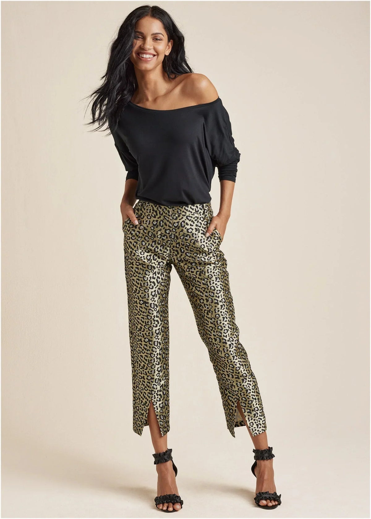 Jacquard Slit Hem Pants Black Gold