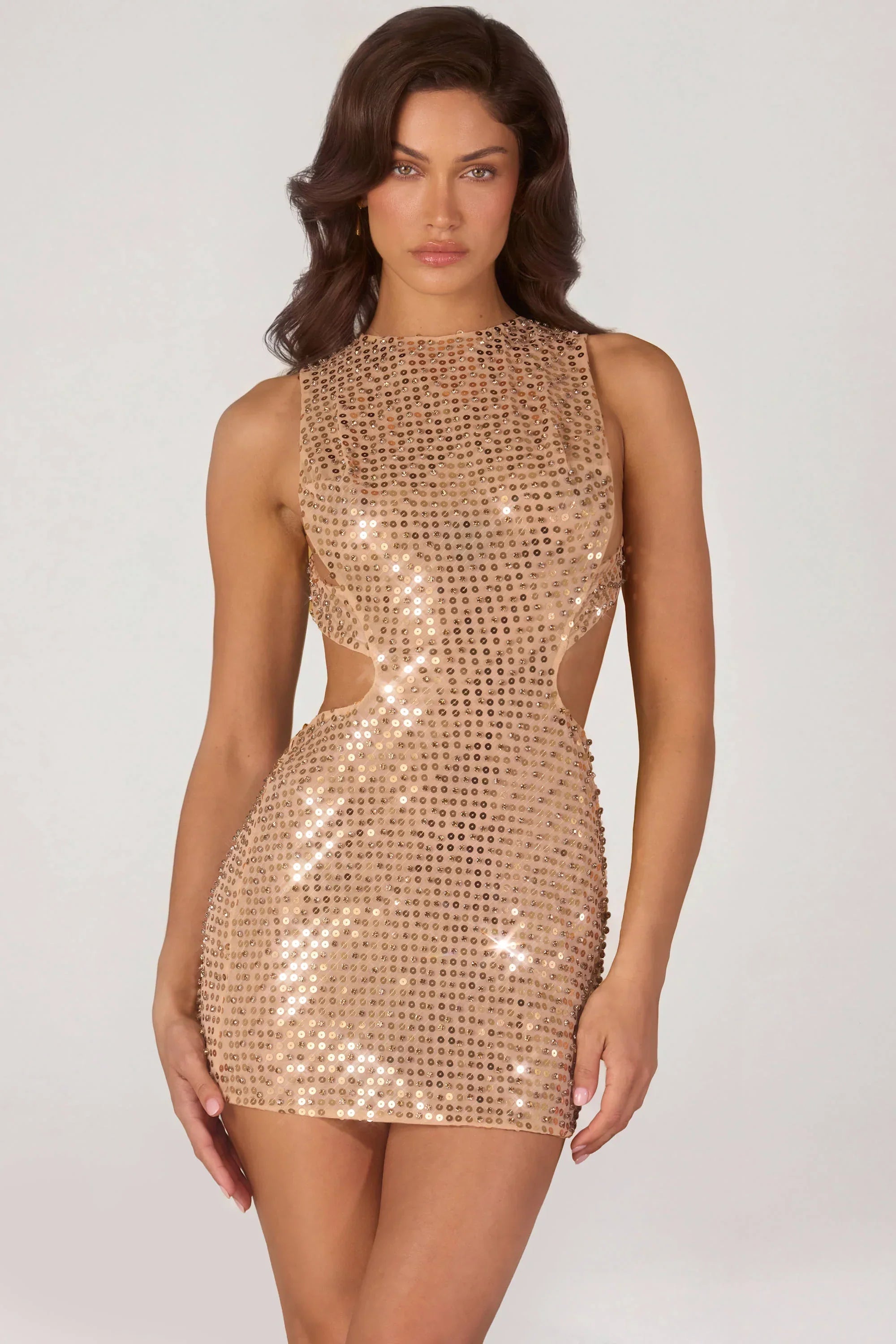 Embellished High Neck Mini Dress in Gold