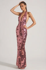 Sequin Embellished Halterneck Maxi Dress in Pink