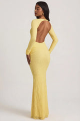 Ruched Backless Lace Maxi Dress in Pastel Yellow