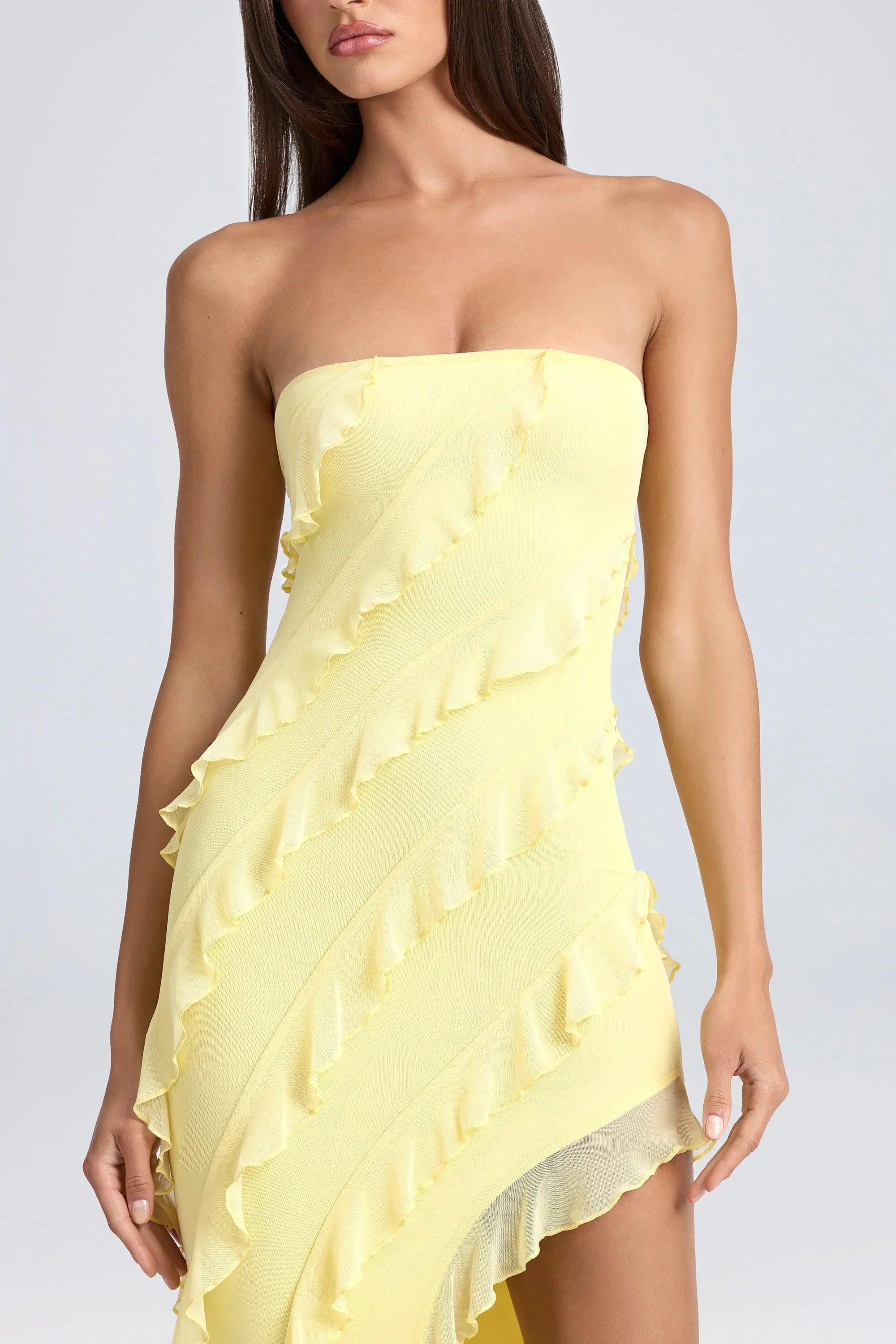 Bandeau Ruffle Trim Maxi Dress in Lemon Sherbet