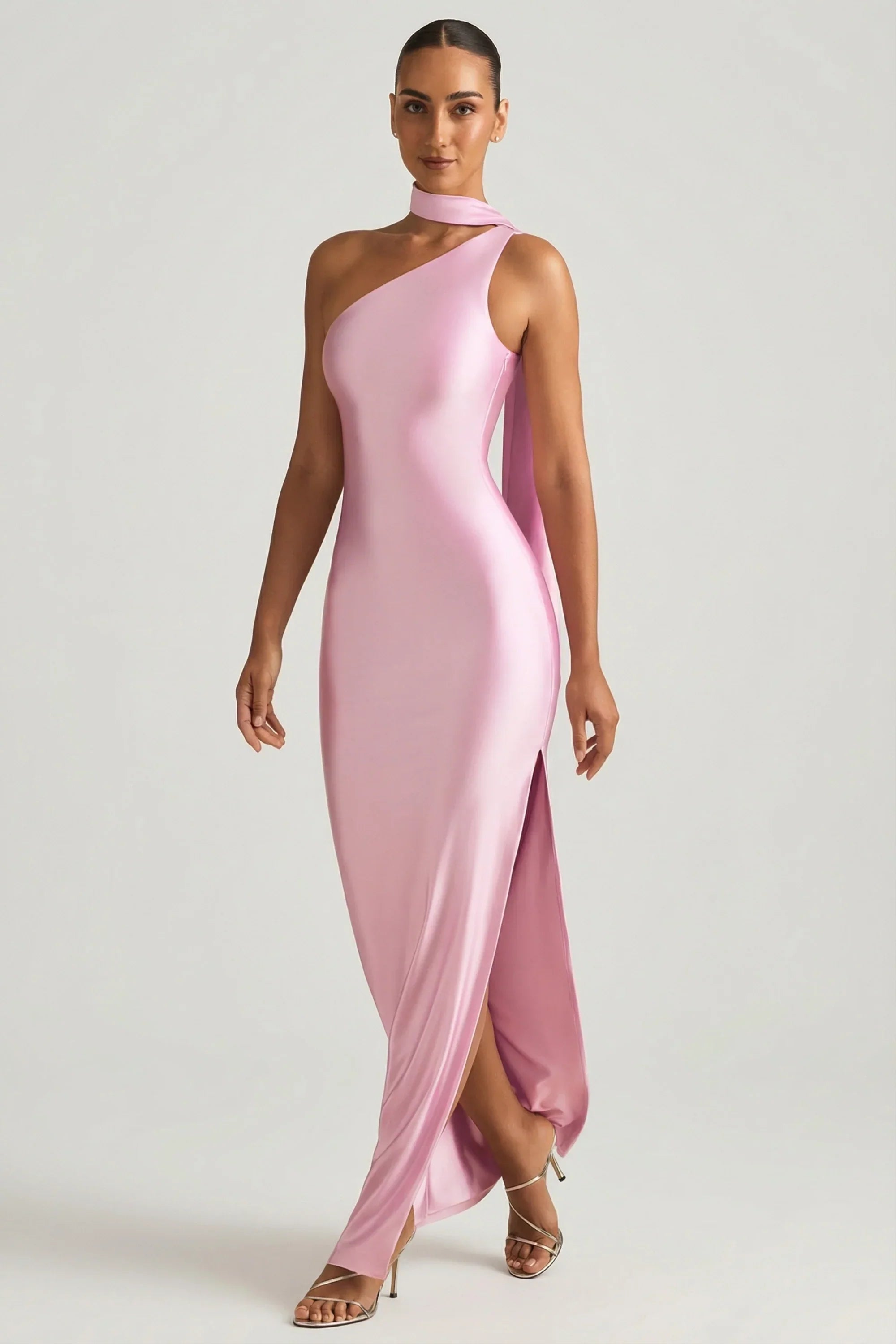 Asymmetric Scarf Detail Maxi Dress in Soft Pink