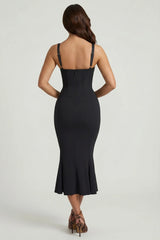 Layered Bra Detail Fishtail Midaxi Dress in Black