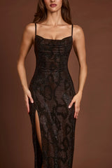 Embellished Peekaboo Cowl Neck Dress in Brown Snake