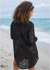 Lace Cover Up Button Down Jet Black