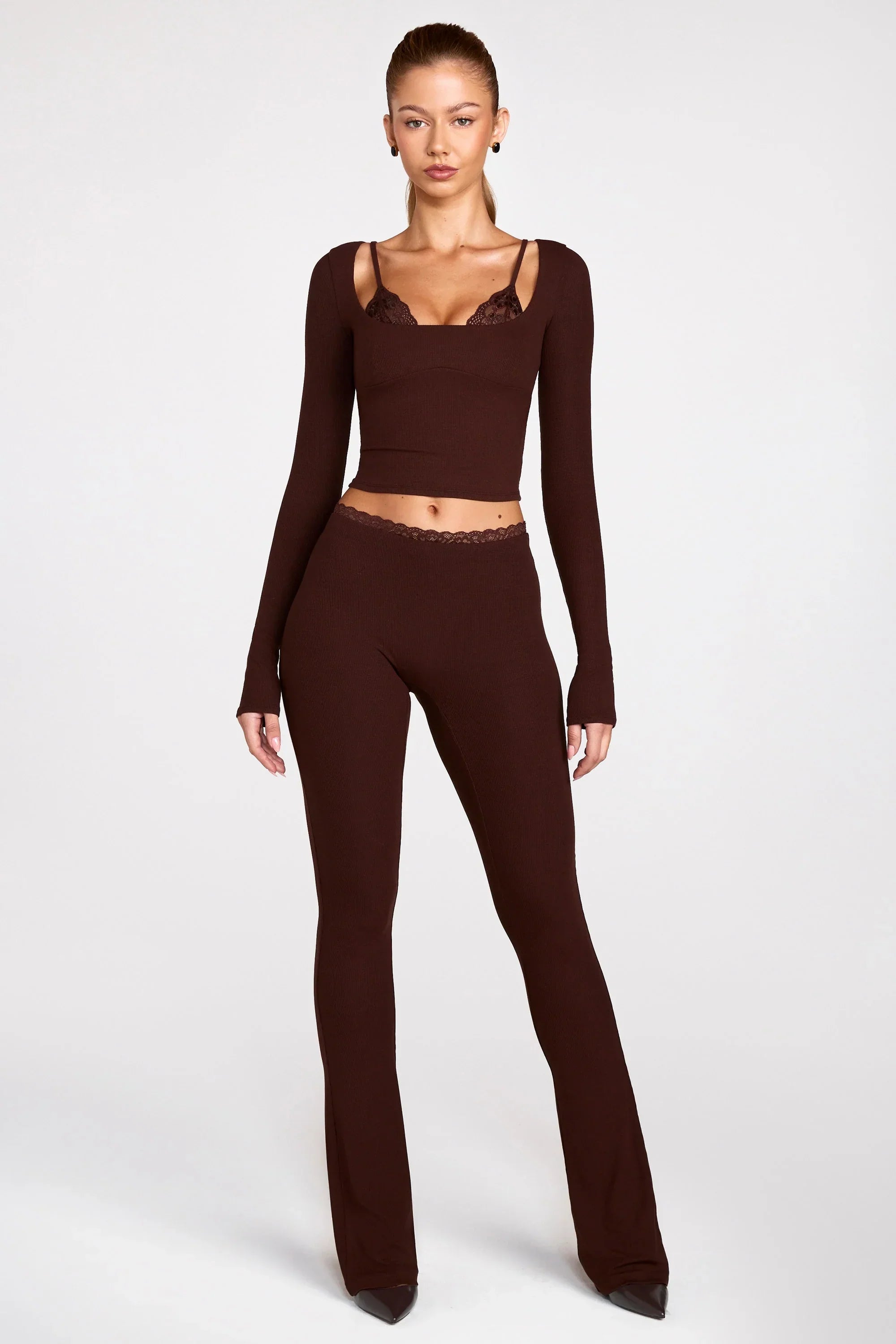 Modal Mid Rise Flared Trousers in Chocolate Brown