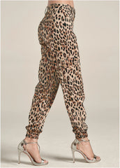 Faux Suede Leopard Print Cargo Pants Brown Multi