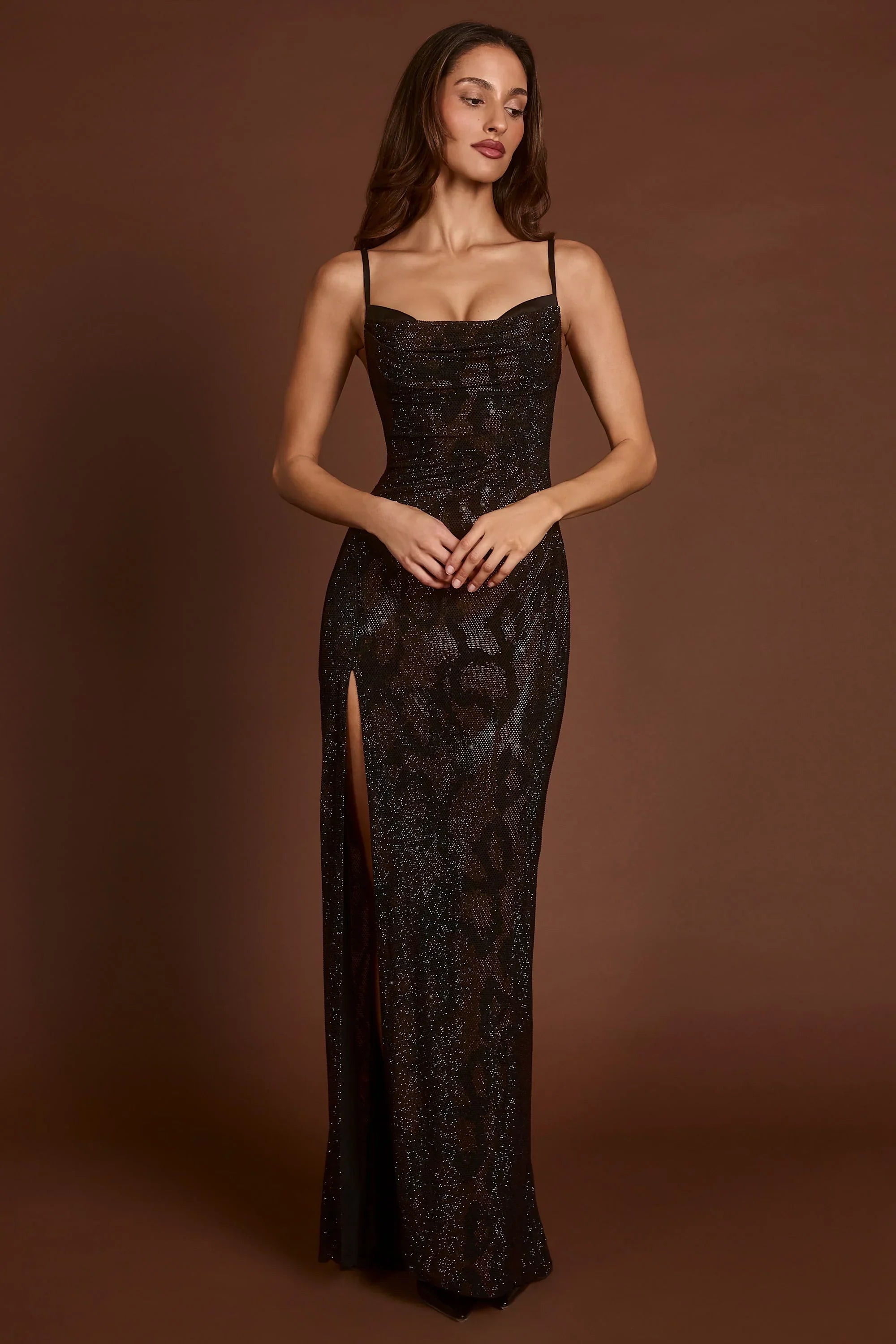 Embellished Peekaboo Cowl Neck Dress in Brown Snake