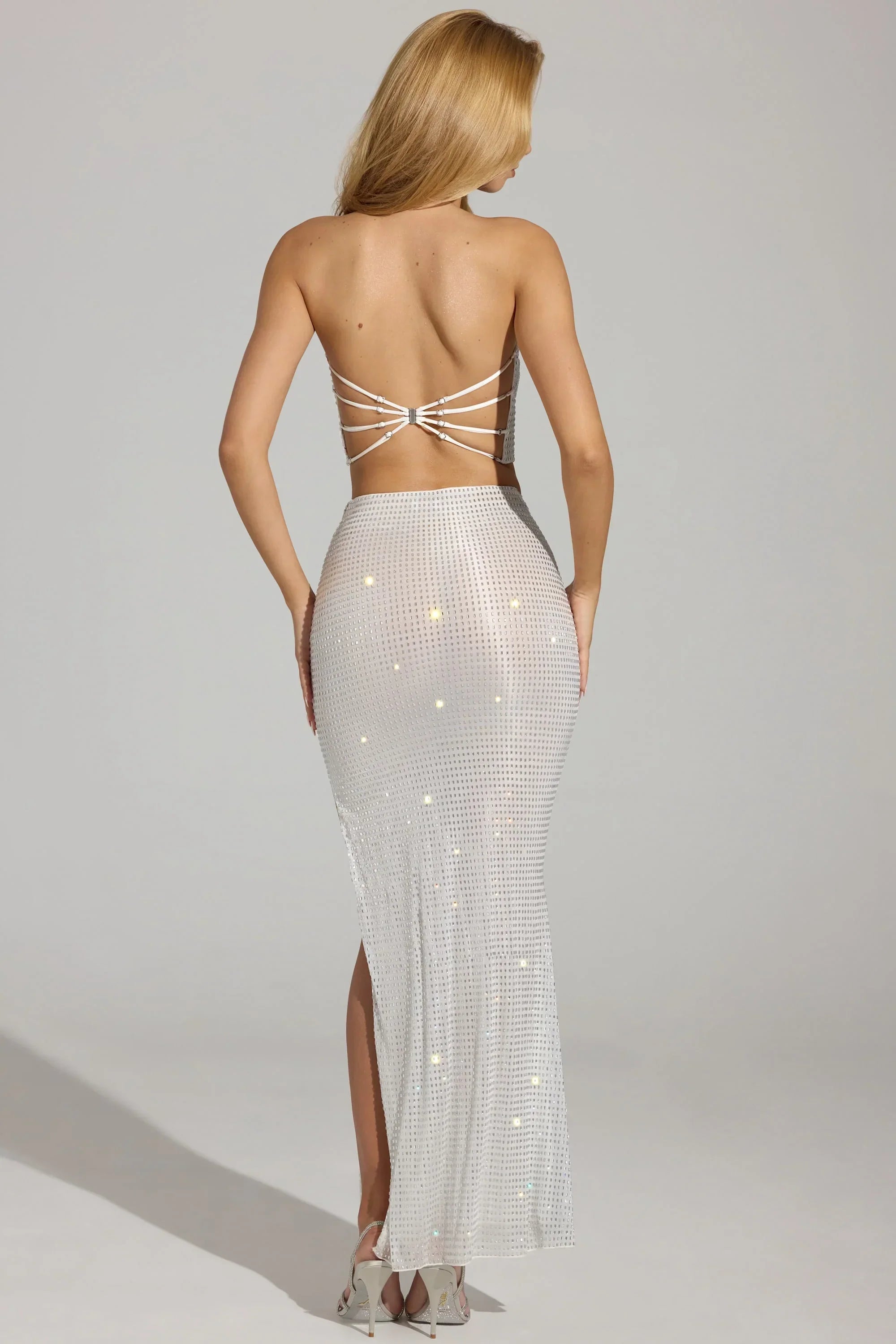 Embellished V Waist Thigh Split Maxi Skirt in White