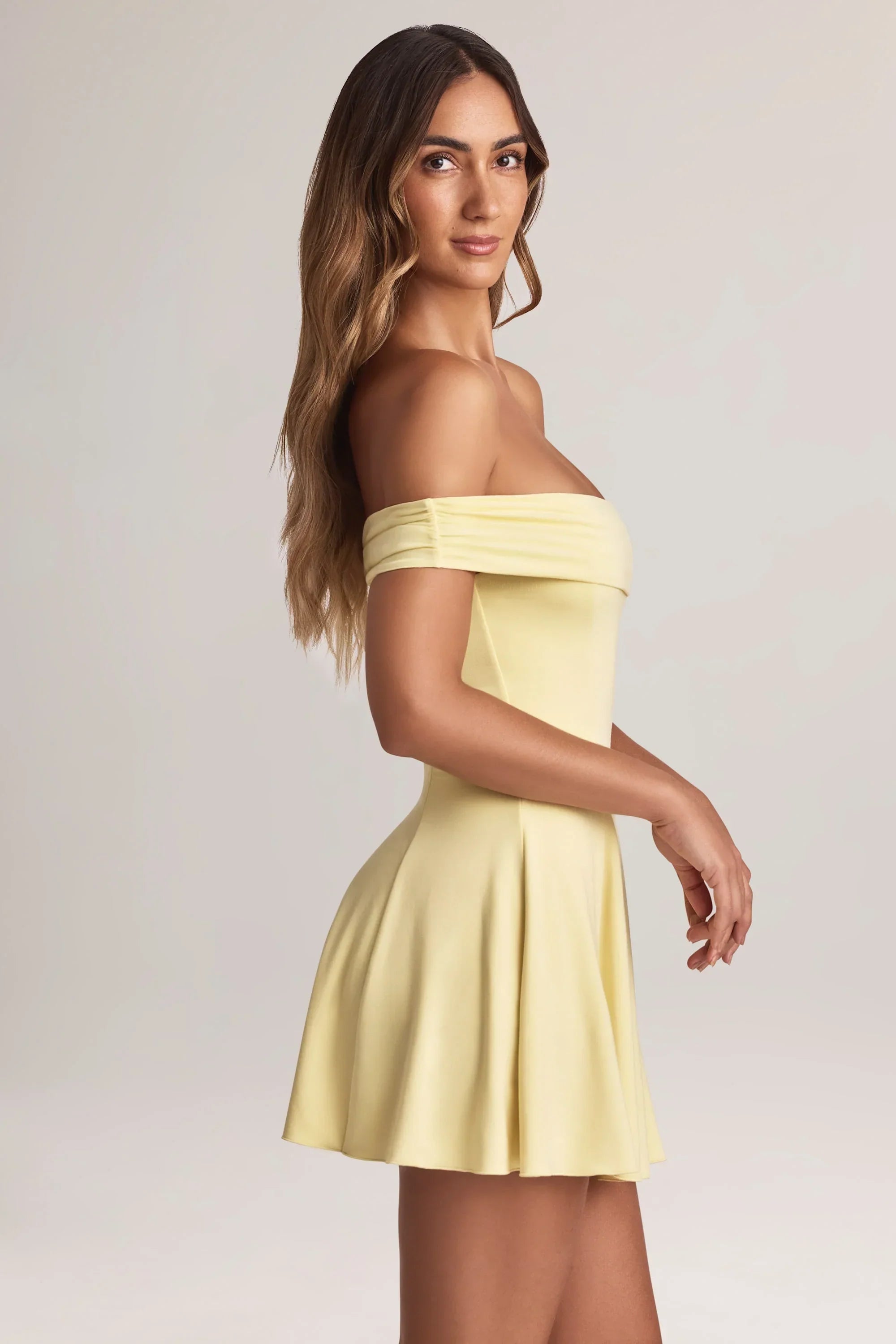 Modal Off Shoulder A Line Mini Dress in Lemon Sherbet