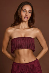 Fringed Bandeau Lace up Crop Top in Wine Red