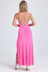 Ruched Ruffle Trim Maxi Dress in Lollipop Pink
