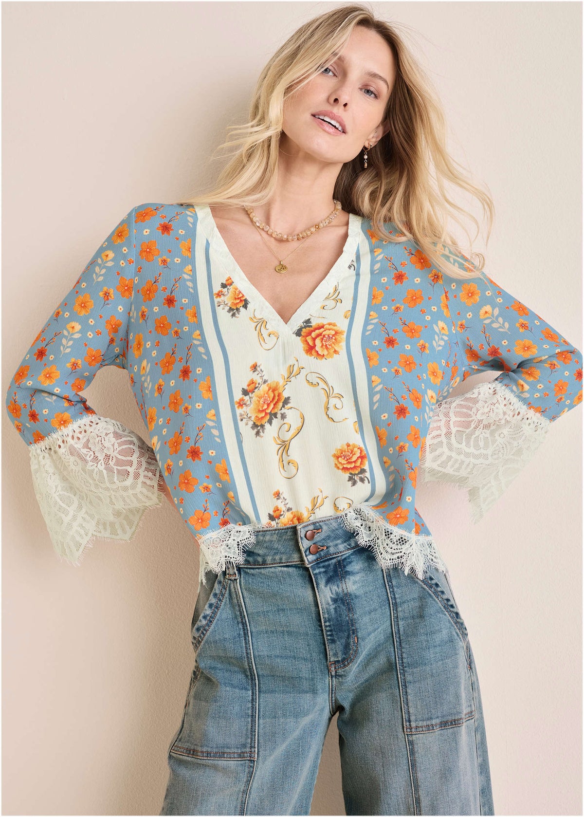 Lace Trim Woven Top Blue Multi