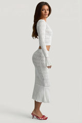 Ruffle Trim Pointelle Knit Midaxi Skirt in White