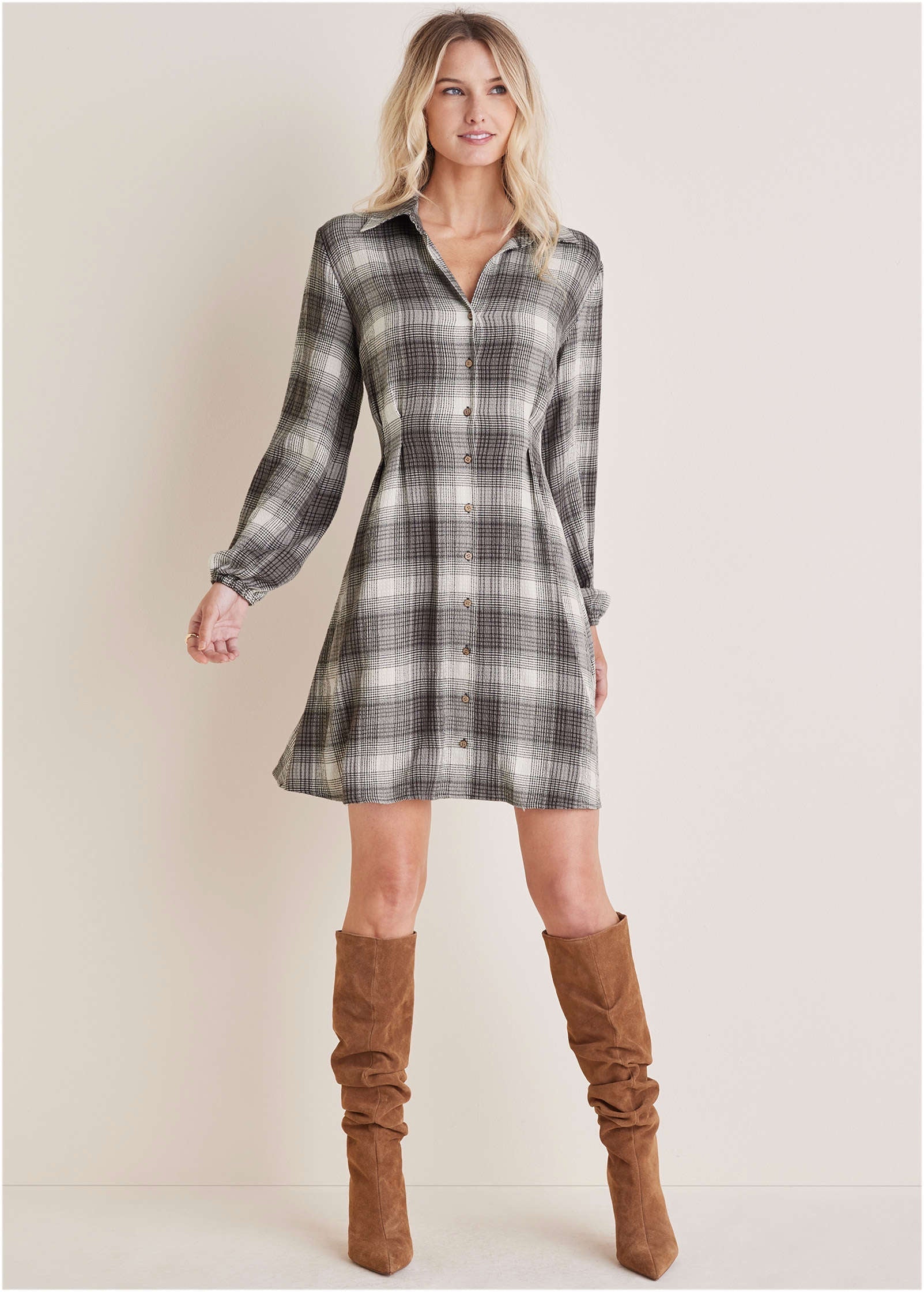 Brushed Plaid Dress White Black