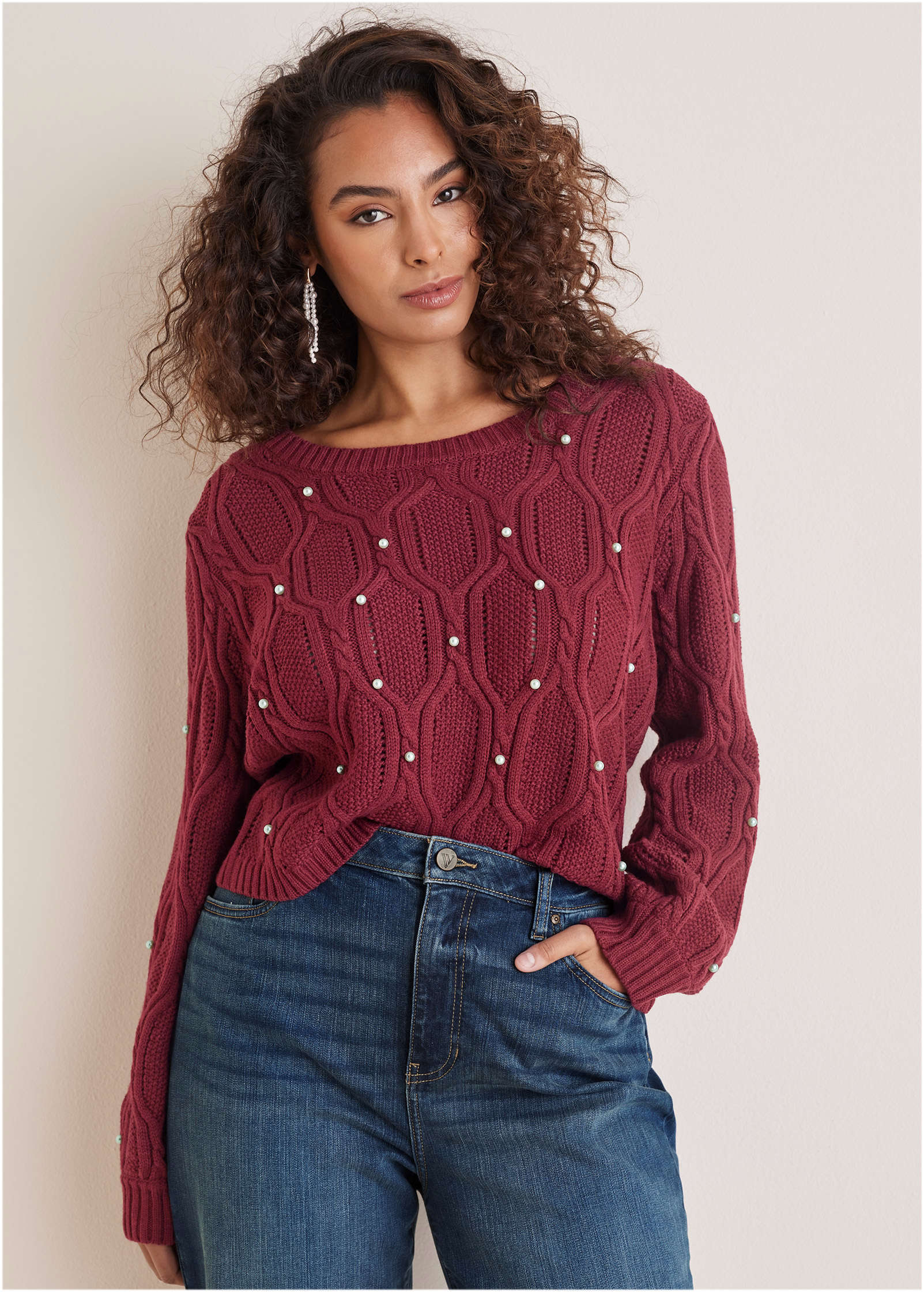 Pearl Detail Sweater Wine