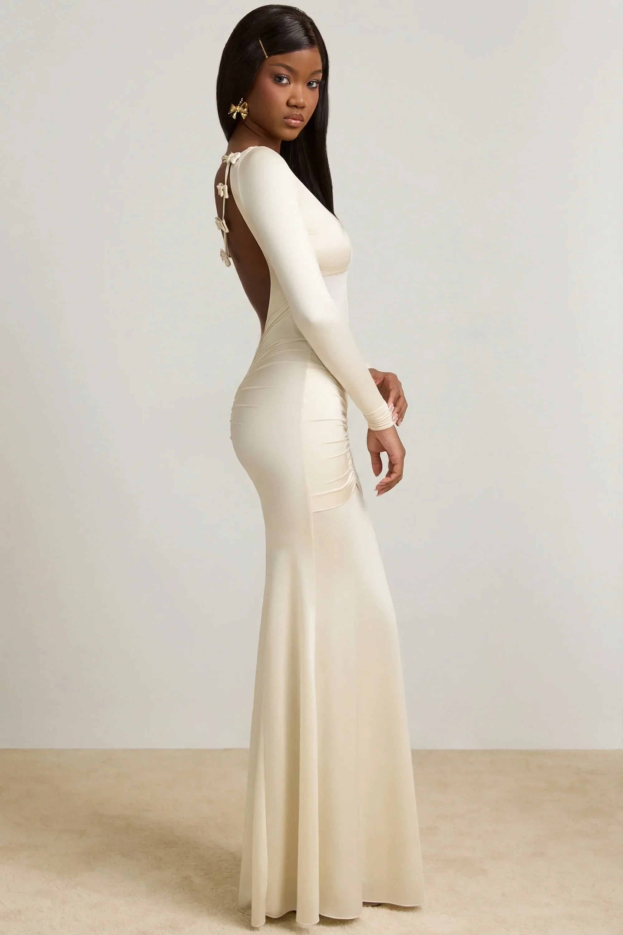 Bow Detail Ruched Maxi Dress in Ivory