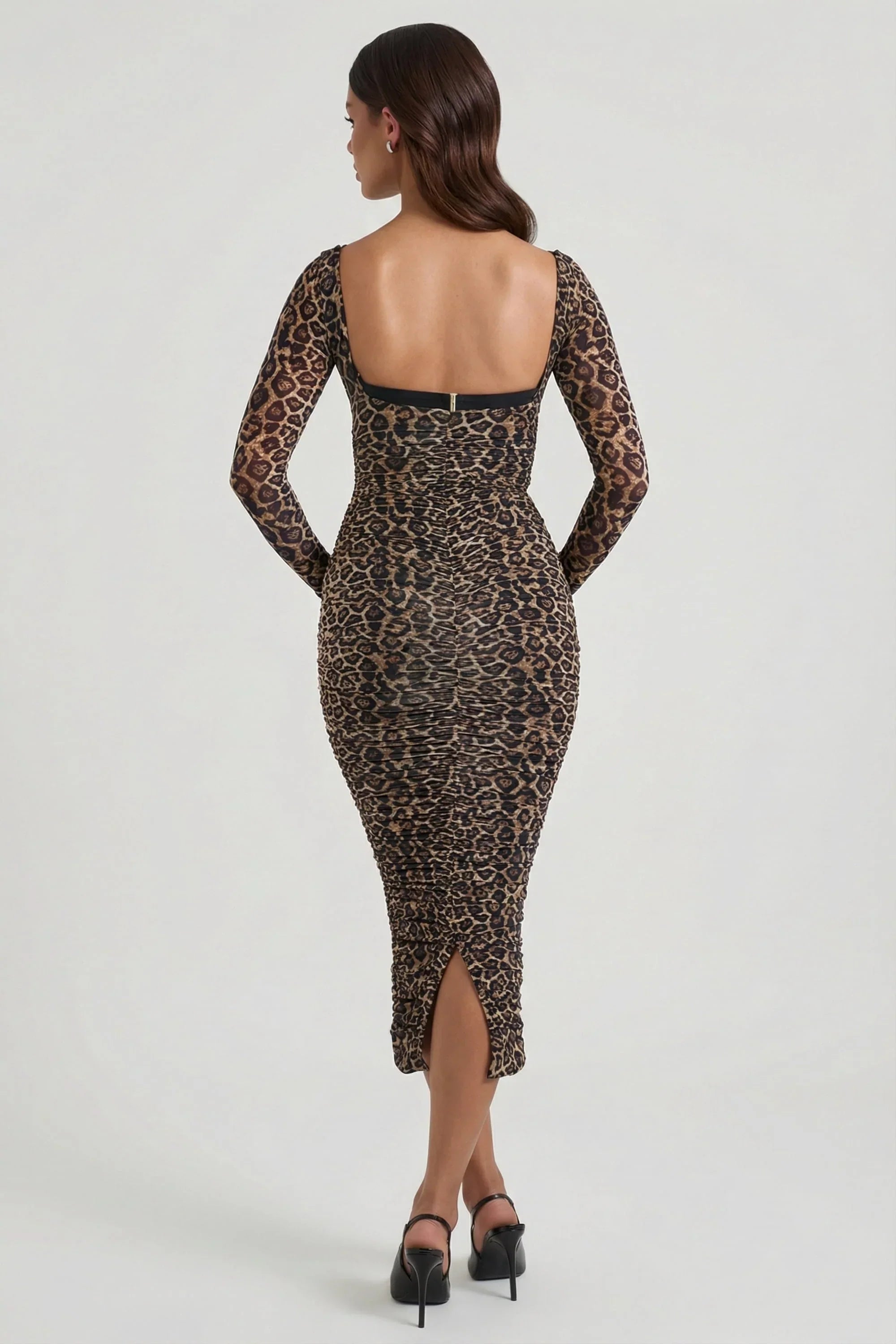 Layered Bra Detail Ruched Midaxi Dress in Leopard Print