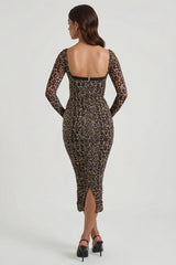 Layered Bra Detail Ruched Midaxi Dress in Leopard Print