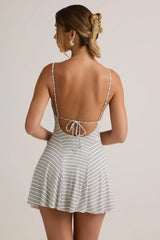 Modal Ribbed Tie Back A Line Mini Dress in Blue Yellow Stripe