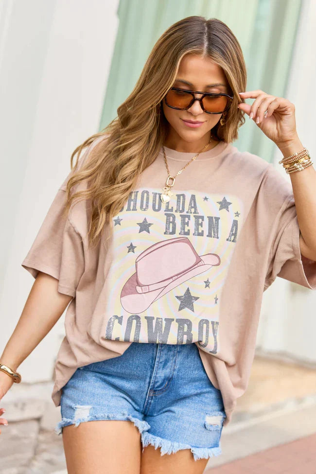 Shoulda Been A Cowboy Taupe Oversized Graphic Tee