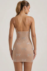 Embellished Bow Detail Mini Dress in Almond