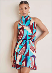 Printed Halter Mini Dress Ikat Flowers