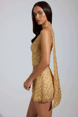 Embellished Low Rise A Line Micro Mini Skirt in Gold