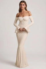Off Shoulder Ruffle Lace Maxi Dress in Ivory