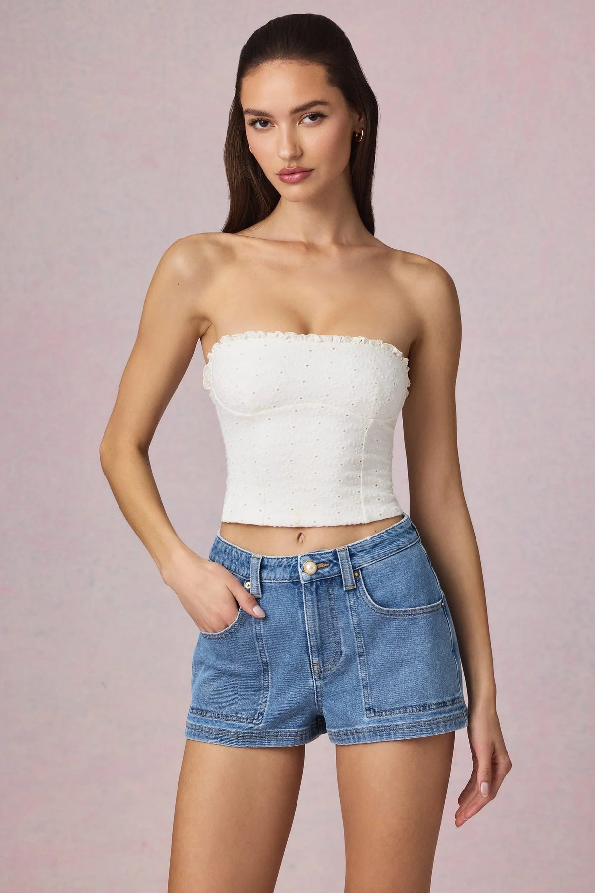 High Waist A Line Shorts in Mid Blue Wash