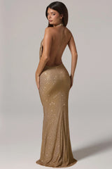 Embellished Cowl Neck Backless Gown in Gold
