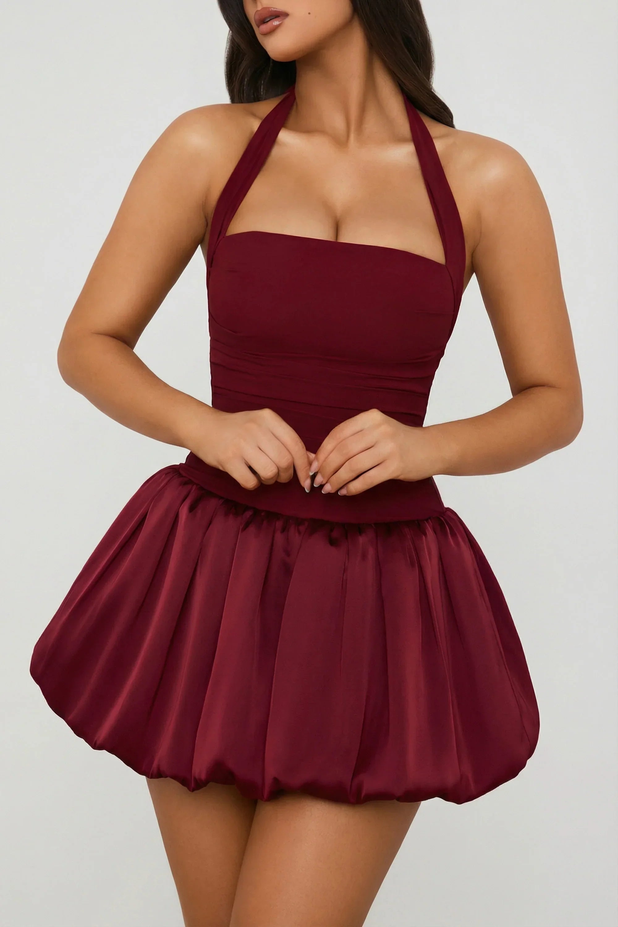 Halterneck Lace Up Bubble Hem Corset Micro Mini Dress in Berry Red