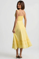 Cotton Poplin A Line Midaxi Dress in Pastel Yellow
