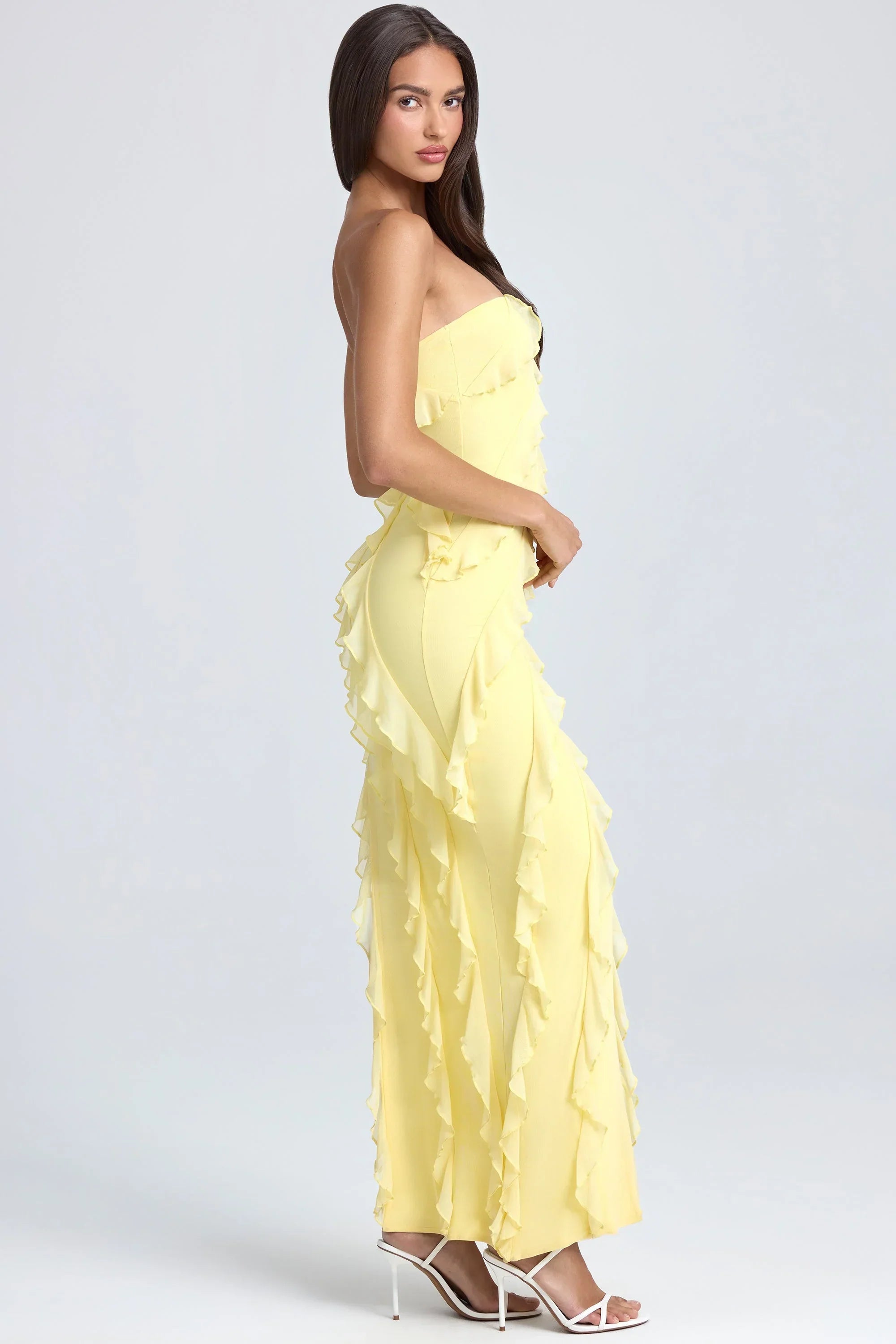 Bandeau Ruffle Trim Maxi Dress in Lemon Sherbet