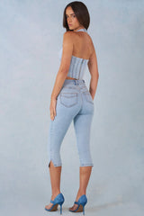 Mid Rise Denim Capri Jeans in Light Denim
