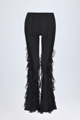 Ruffled Mid Rise Flared Trousers in Black