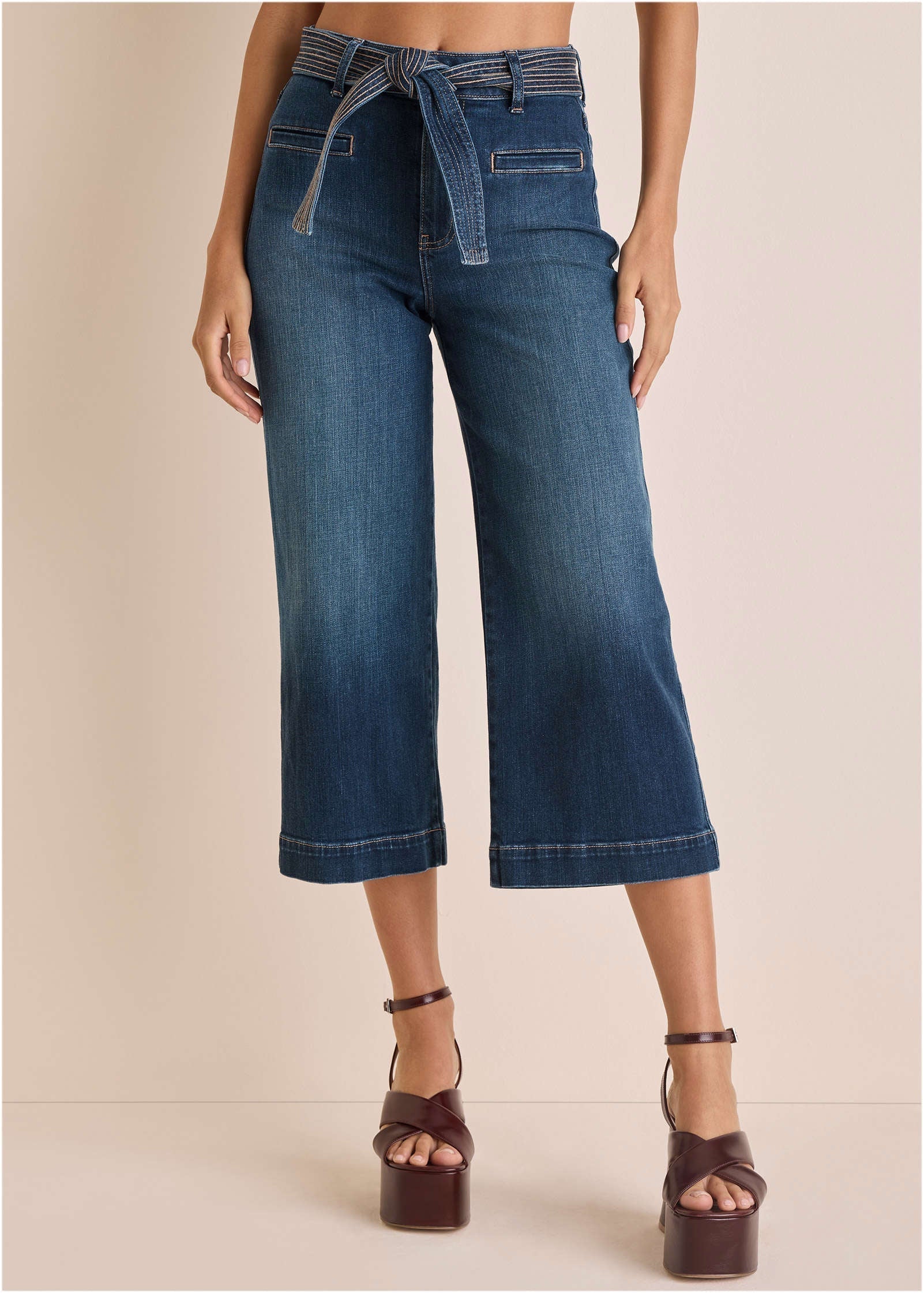 Belted Wide Leg Crop Jean Dark Wash