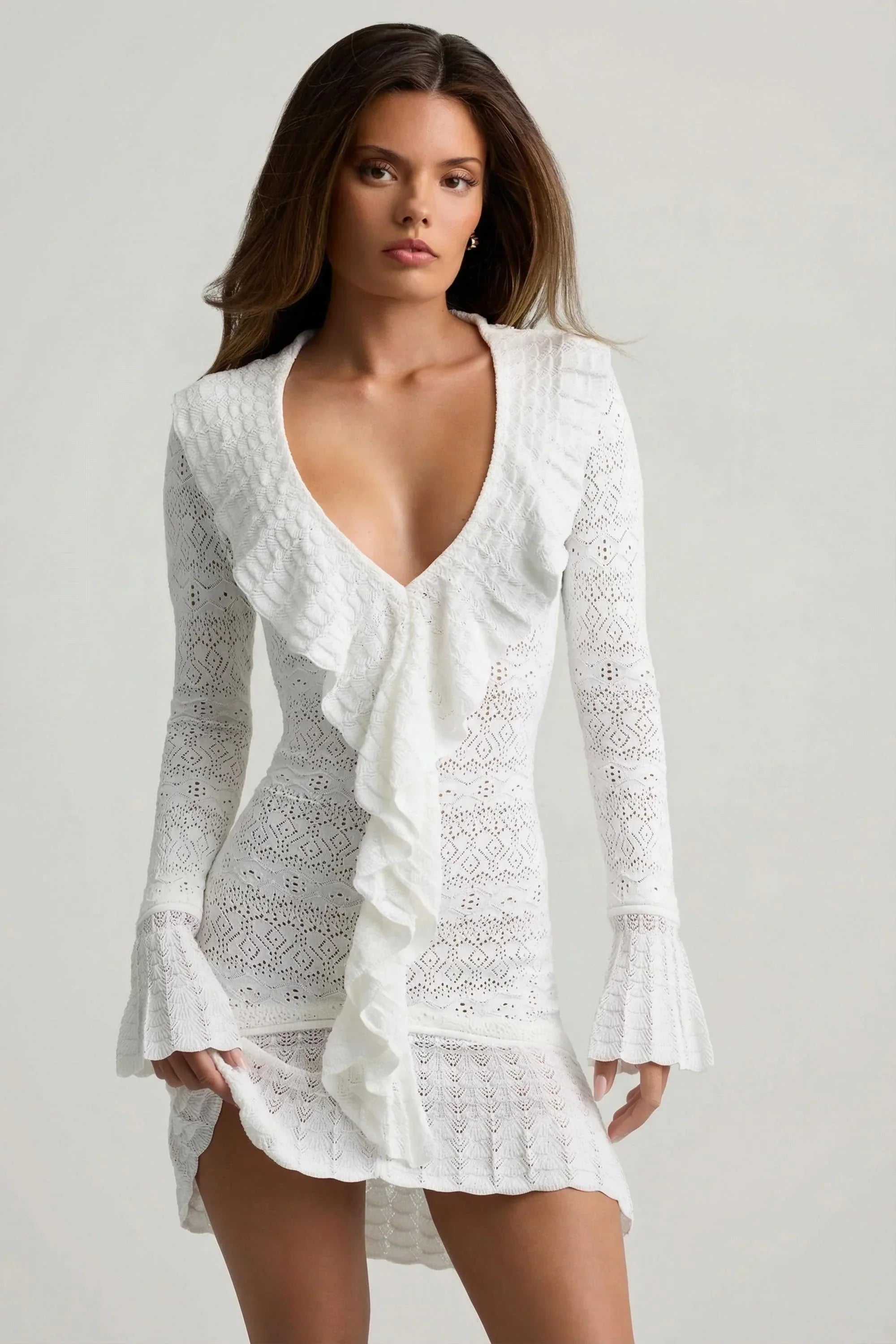 Ruffle Trim Pointelle Knit Mini Dress in White