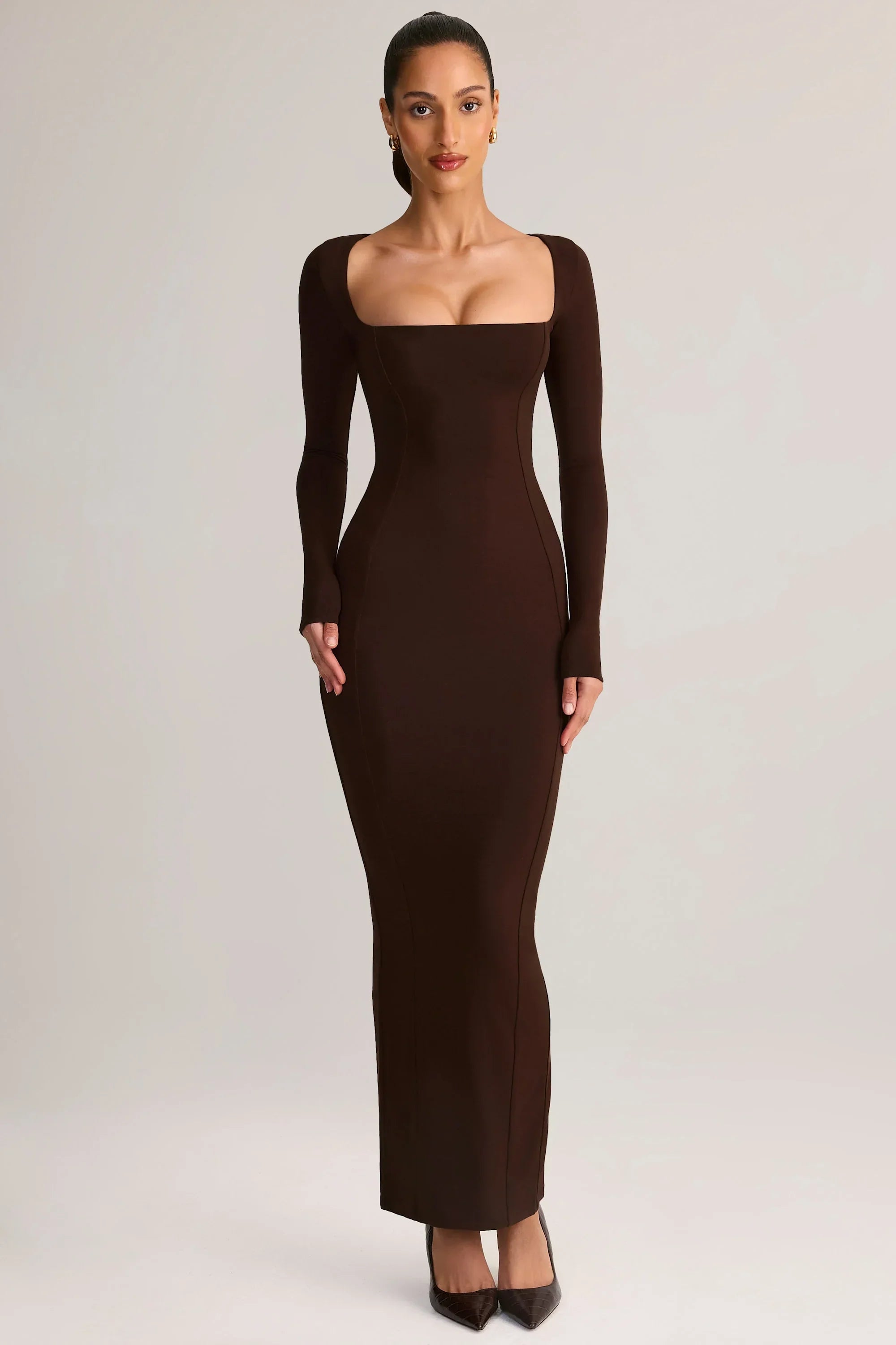 Modal Square Neck Bodycon Maxi Dress in Chocolate Brown