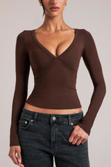 V Neck Long Sleeve Top in Chocolate Brown
