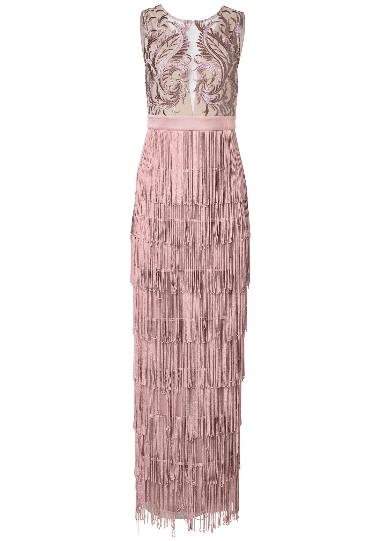 Embroidered Fringe Long Dress Tan